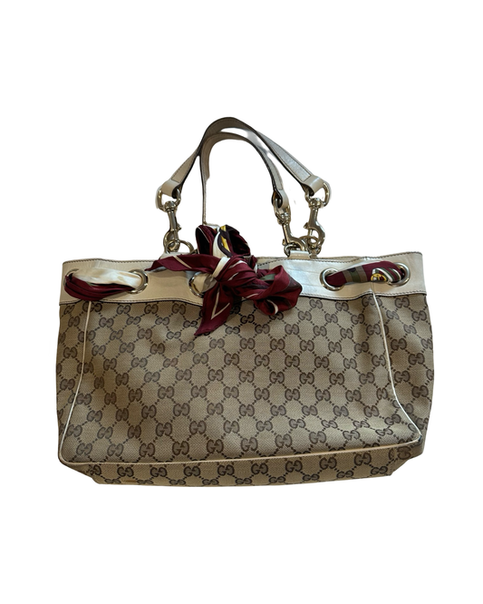 GUCCI BEIGE GG CANVAS AND LEATHER POSITANO SCARF TOTE BAG