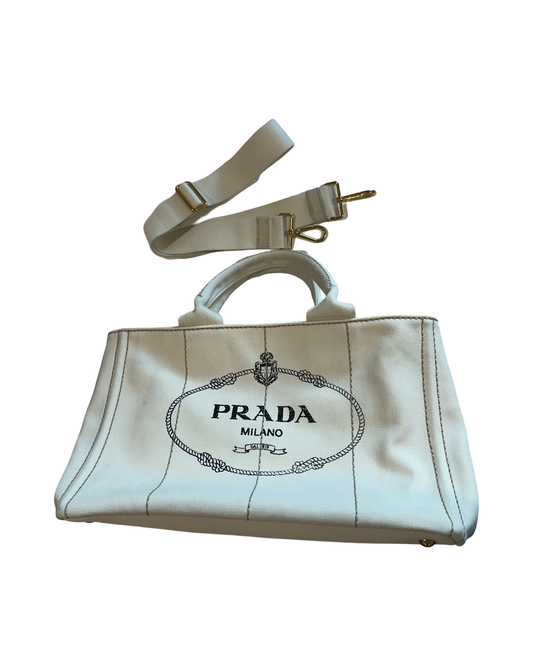 PRADA WHITE CANAPA TOTE /CROSSBODY BAG (LARGE)