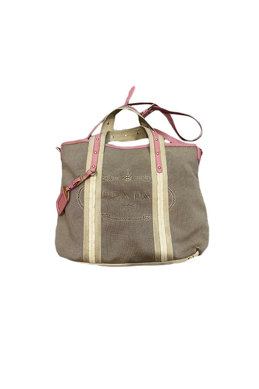 PRADA BEIGE CANVAS PINK LEATHER TOTE SHOULDER BAG