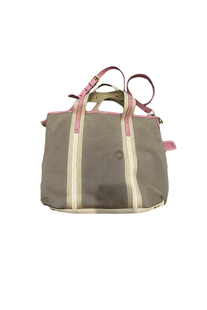 PRADA BEIGE CANVAS PINK LEATHER TOTE SHOULDER BAG