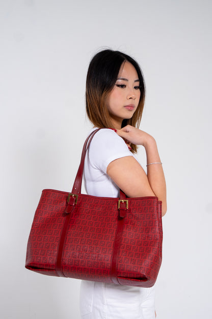 FENDI RED ZUCCHINO RED CANVAS ZIP BAG